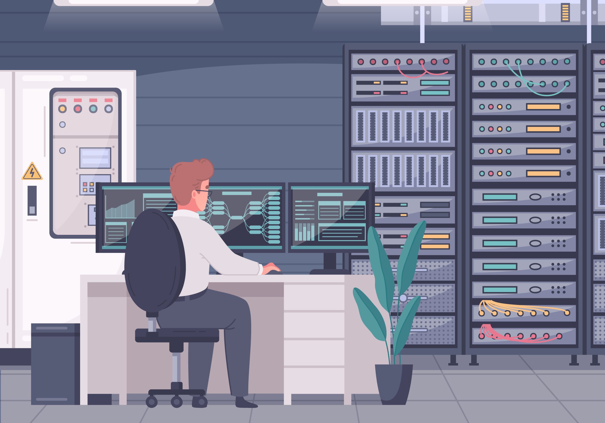 Datacenter cartoon composition with indoor view of data analysts working place with desktop computer and servers vector illustration